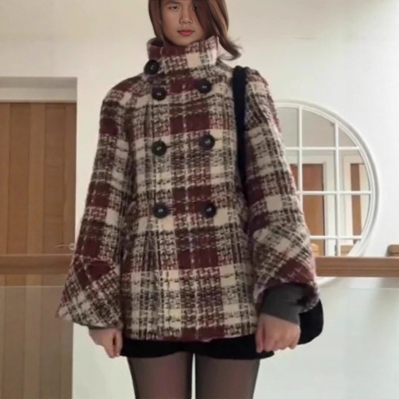 Warm Checkered Turtleneck Shou - Wool Coat Peacoat ulasan dan harga